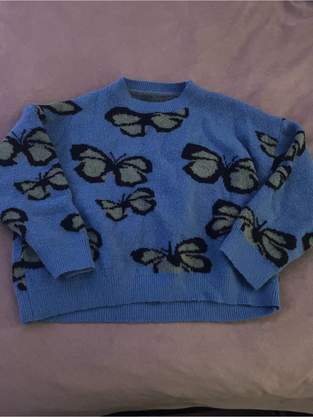 Blue Crewneck Sweater with Black and Green butterflies